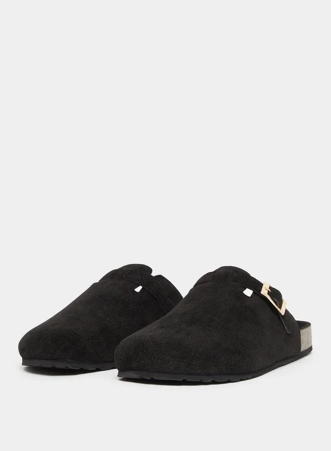 Styli Men Black Suede Comfort Mules with Buckle